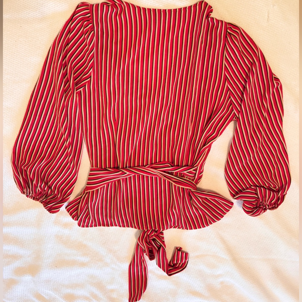 HINGE Striped Wrap Blouse Tie Bow Waist Red & White Stripe Puff Long Sleeve Top - Picture 7 of 16